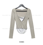 Ash Ribbed Deep Button Layered Long Sleeves