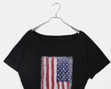 Det Vintage American Flag Printing One-Off-Shoulder Short Sleeve T-Shirt