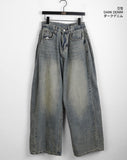 Kibe Side Pintuck Balloon Fit Vintage Washing Long Wide Denim Pants