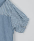 Rinta Stripe Color Matching Denim Hood Short Sleeve Shirt