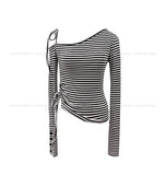 Delitte Stripe Unbalanced Shoulder Long Sleeve