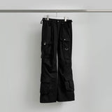 Waist Strap Low Waist Pocket Shirring Pin Tuck Wide Bootcut Pants