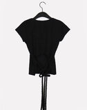 Celty Embossing Back Slit Strap U-Neck Short Sleeve T-shirt