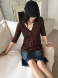 Pamil Vintage V-Neck Button Pleated Half-Length Short-Sleeved T-Shirt