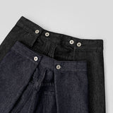 Raw back point button roll-up mega wide fit denim pants