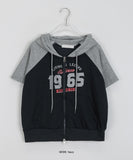 Heiru lettering crop two-way short sleeve hood zip-up