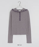 Seliki Stripe Button Hood Long Sleeve Tee