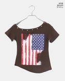 Richin American Flag Stud Rivet Unbalanced Off-shoulder Short Sleeve T-shirt