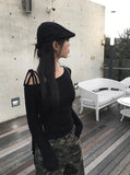 Block Unbalance Off Shoulder Shirred Long Sleeve Tee