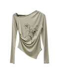 Ink Painting Flower One-Shoulder Off-Tee