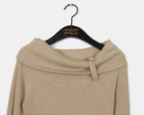 Vision Belt Buckle Shirring Ribbed Off-Shoulder T-Shirt