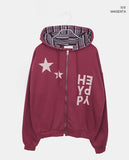 [Brushed Lining] Skin Star Print Stripe Color Matching Two-Way Loose Fit Hood Zip-Up