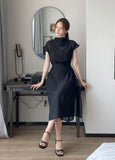 Foven Cowl Neck Wrinkle Banding Wrap Long One Piece