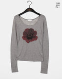Kiving See-Through U-Neck Cosmos Flower Long Sleeve T-Shirt