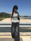 [Planning] Dazzle Side Pintuck Washing Denim Wide Pants
