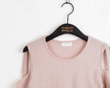 Nond Ribbon Slit Ribbed Brushed Long Sleeve T-shirt