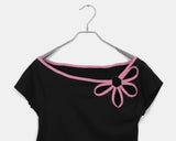 Mki Flower Slit Boat Neck Two-tone Short Sleeve T-shirt