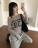 Nell Number Print One Off-Shoulder Long-Sleeve T-Shirt