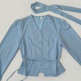 Waist Strap Neck Tie Balloon Puff Blouse