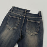 Vintage Washing Patch Embroidery Slim Fit Bootcut Low Denim Pants