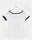 Fleet Off-Shoulder Lettering Print Ringer Color Matching Short Sleeve T-Shirt