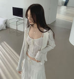 Lovely Lace Ribbon Punching Sleeveless Cardigan Set