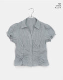 Pique Check V-Neck Shirring Puff Short Sleeve Blouse
