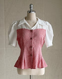 Sweet Seersucker Check Collar Puff Blouse