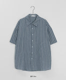 [unisex] Bubblet Stripe Linen Over Short Sleeve Shirt