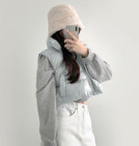 Glossy High Neck Trendy Pom Pom Crop Vest Padding