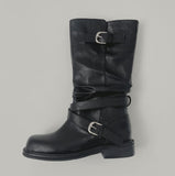 Two-way Buckle Shirring Slit Middle Boots