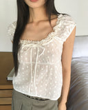 Shua lace punching ribbon puff blouse