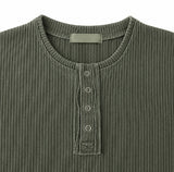 Wheat Pigment Rib Muscle Henley Neck Short Sleeve T-shirt