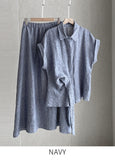 [Two Piece] Duere Linen Wrap Collar Shirt Long Skirt