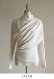 Dielb Half Neck Unbalanced Drape T-Blouse