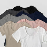 Deep U-neck Square Neck Slim Fit Short Sleeve T-Shirt