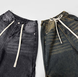 Knee Side Pin Tuck Balloon Waist Adjustment Wide Fit Denim Pants