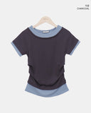 Poson Color Matching Shirring Short Sleeve T-shirt