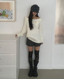 Bohan one-off-shoulder flower pendant wool long-sleeved knit