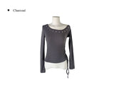 Denk Shirring Eyelet Crop Lip Neck T-shirt