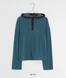 Toymo Stripe Hood Button Long Sleeve Tee