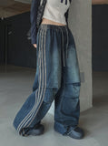 Moshu track line string denim pants