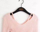 Atter strap deep V-neck slim ribbed crop long sleeve knit