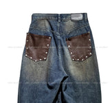 Late Back Leather Pocket Denim Pants