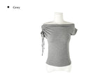 Nob Shirring Off-shoulder Ribbon Short Sleeve T-shirt