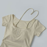 Slim Fit Cup Halter Strap Fake Layered Shirring Short Sleeve T-shirt