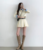 Tweed Two-Piece Crop Jacket Belt Mini Skirt Pants Set