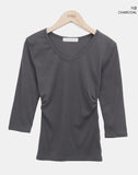 Neilon V-neck Side Shirring Three-Quarter T-shirt