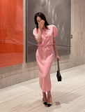 Elnia V-neck Puff Knit Cardigan H-Line Skirt Set