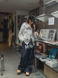 lettering denim wide banding pants